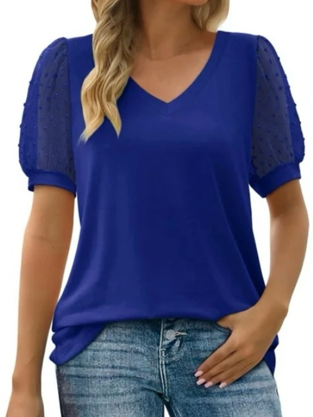 CeCe Cobalt Blue Puff Dot Sleeve Top- M
